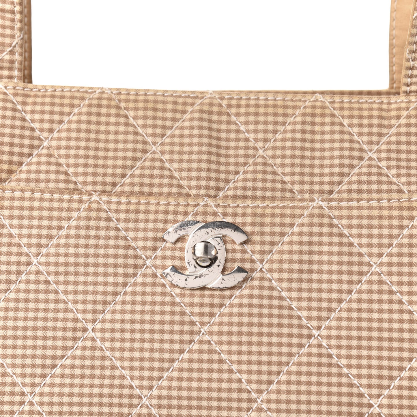 Toile Gingham Quilted CC Tote Shoulder Bag Beige