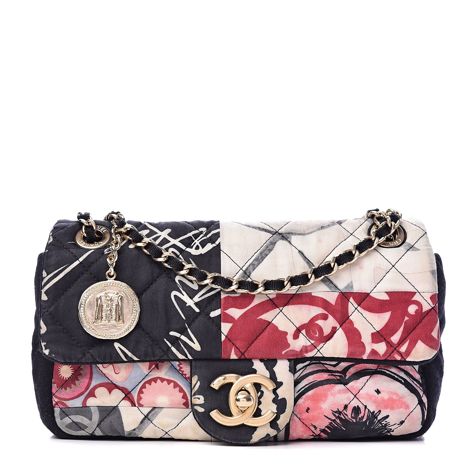 Chanel Fabric Quilted Patchwork Mini Rectangular Flap Red Black White 1 of 16