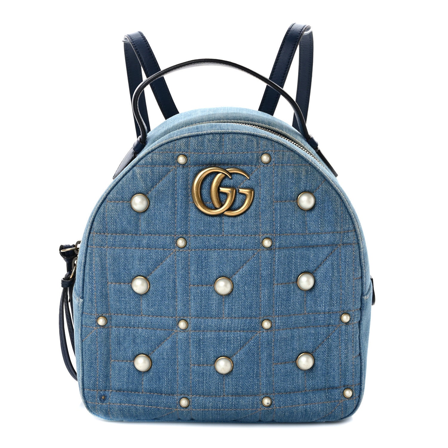 Gucci Kura Denim Matelasse Cubic Pearl Studded GG Marmont Dome Backpack Blue 1 of 11