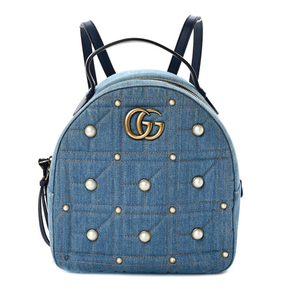 Gucci Kura Denim Matelasse Cubic Pearl Studded GG Marmont Dome Backpack Blue 1 of 11