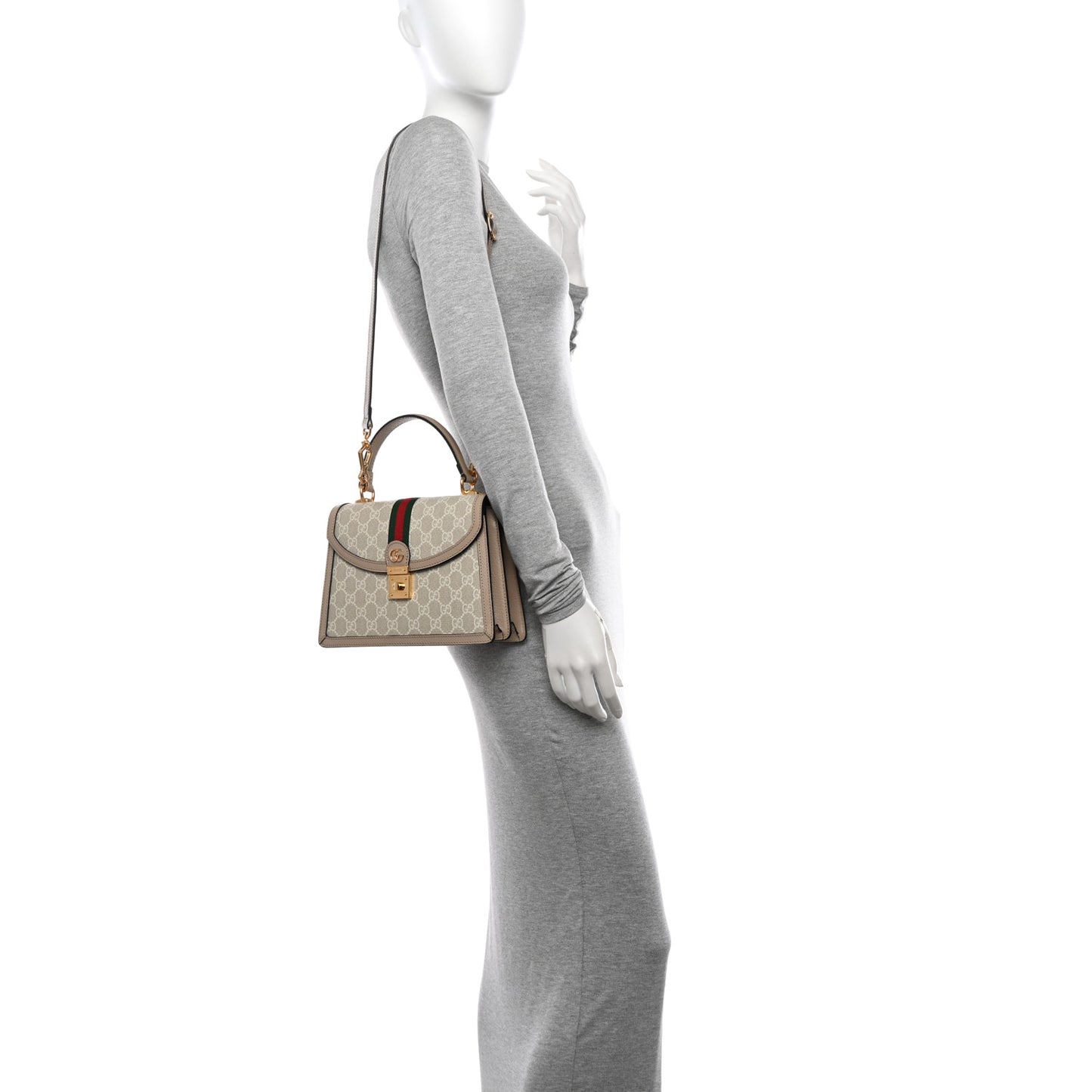 GG Supreme Monogram Textured Dollar Calfskin Web Small Ophidia Padlock Top Handle Bag Beige Mystic White Oatmeal