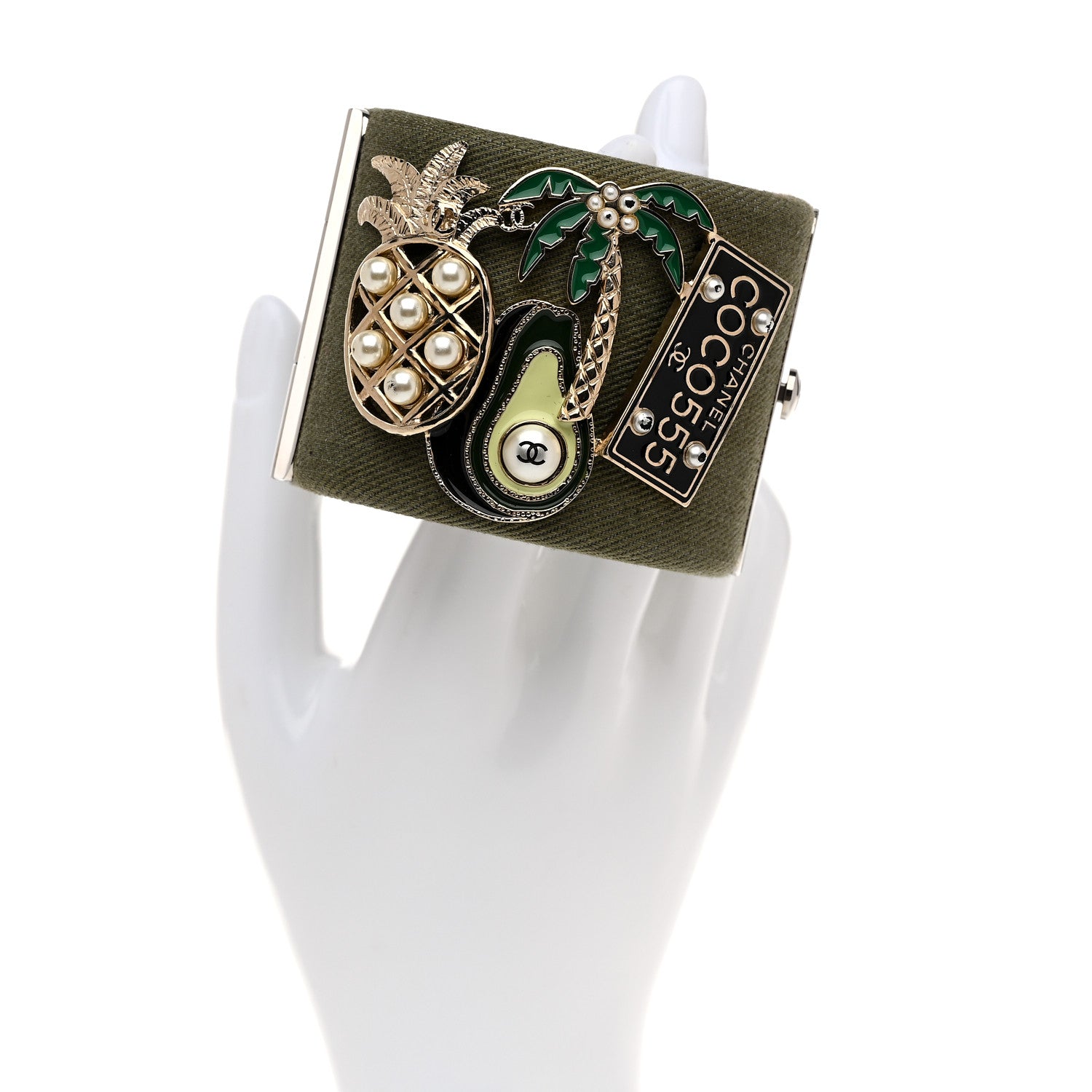 Chanel Fabric Enamel Pearl CC Cuff Khaki 2 of 5