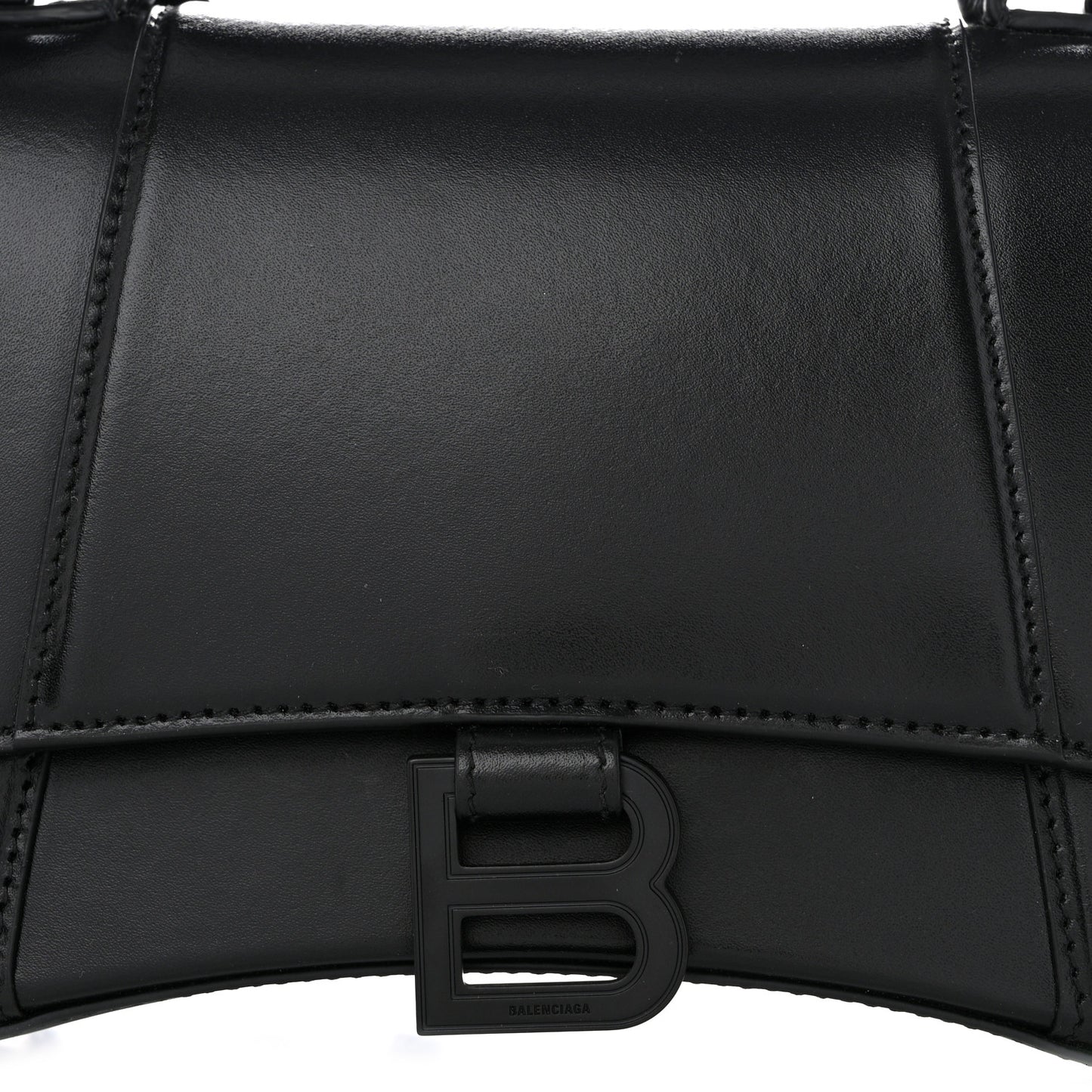 Shiny Box Calfskin Monochrome Small Hourglass Top Handle Bag Black