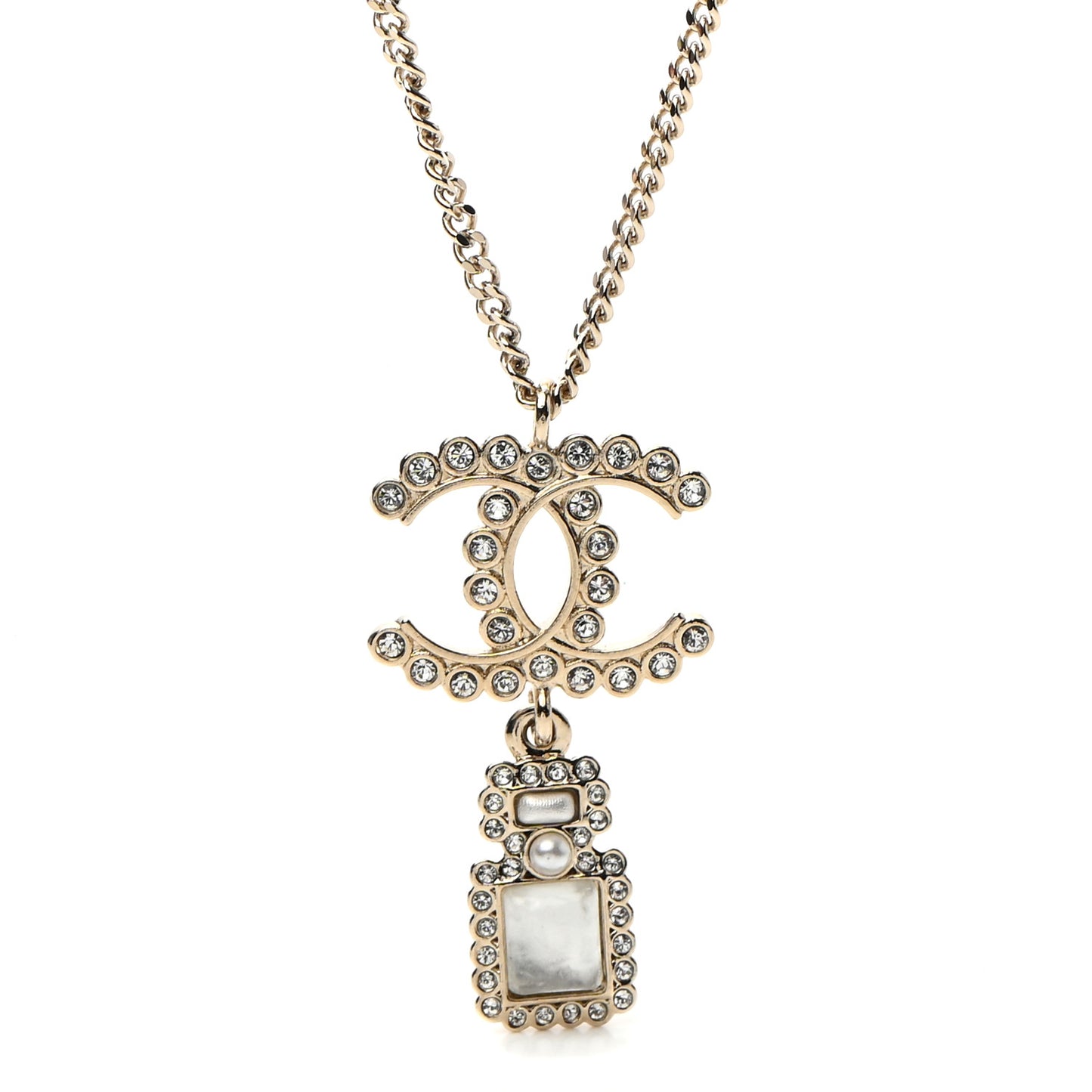 Crystal Pearl CC Perfume Bottle Necklace Pearly White Gold