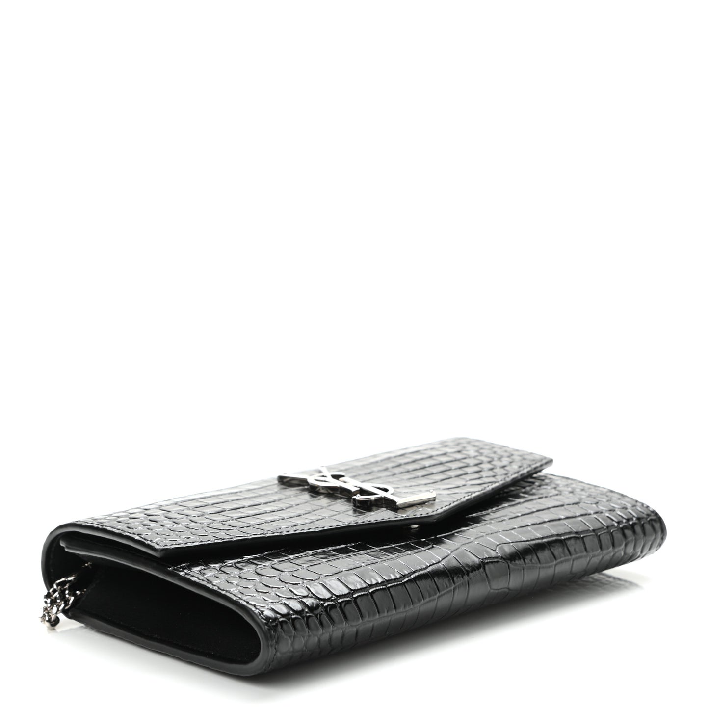 Calfskin Crocodile Embossed Monogram Uptown Chain Wallet Black