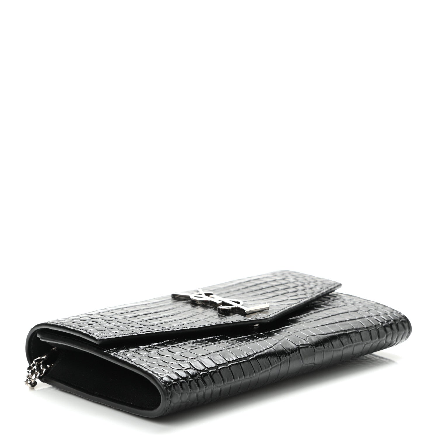Saint Laurent Calfskin Crocodile Embossed Monogram Uptown Chain Wallet Black 4 of 10