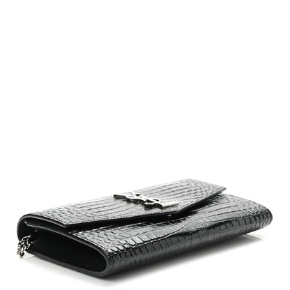 Saint Laurent Calfskin Crocodile Embossed Monogram Uptown Chain Wallet Black 4 of 10