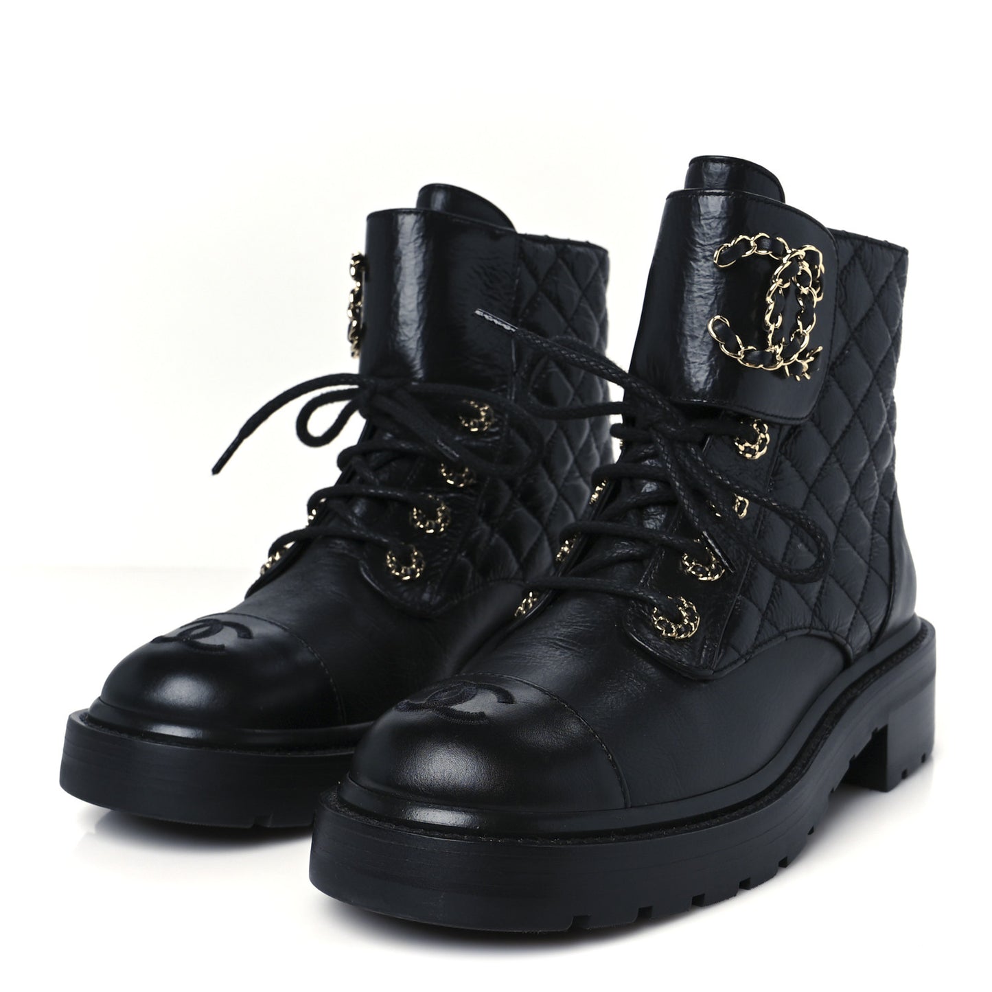 Shiny Calfskin Quilted Lace Up Combat Boots 37 Black