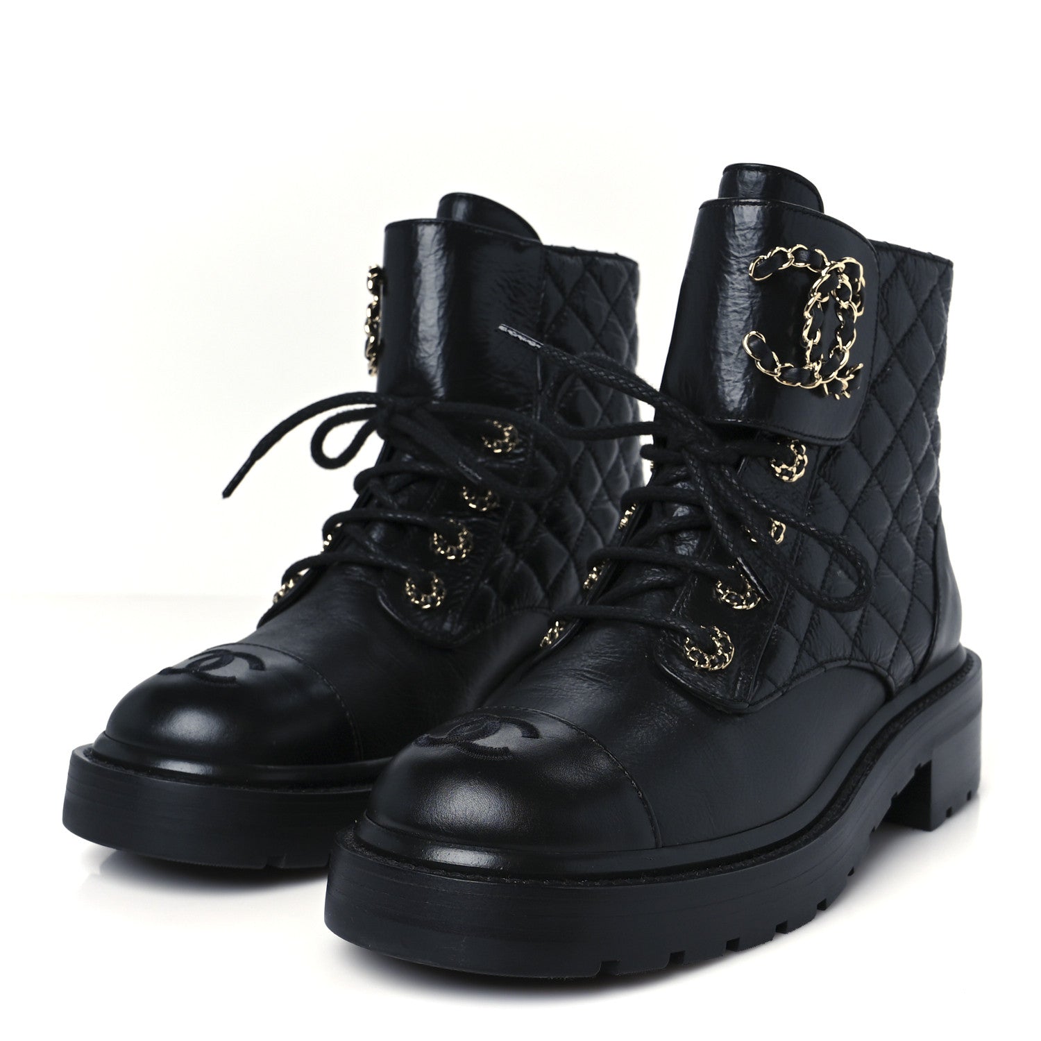 Chanel Shiny Calfskin Quilted Lace Up Combat Boots 37 Black 4 of 11