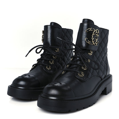 Chanel Shiny Calfskin Quilted Lace Up Combat Boots 37 Black 4 of 11