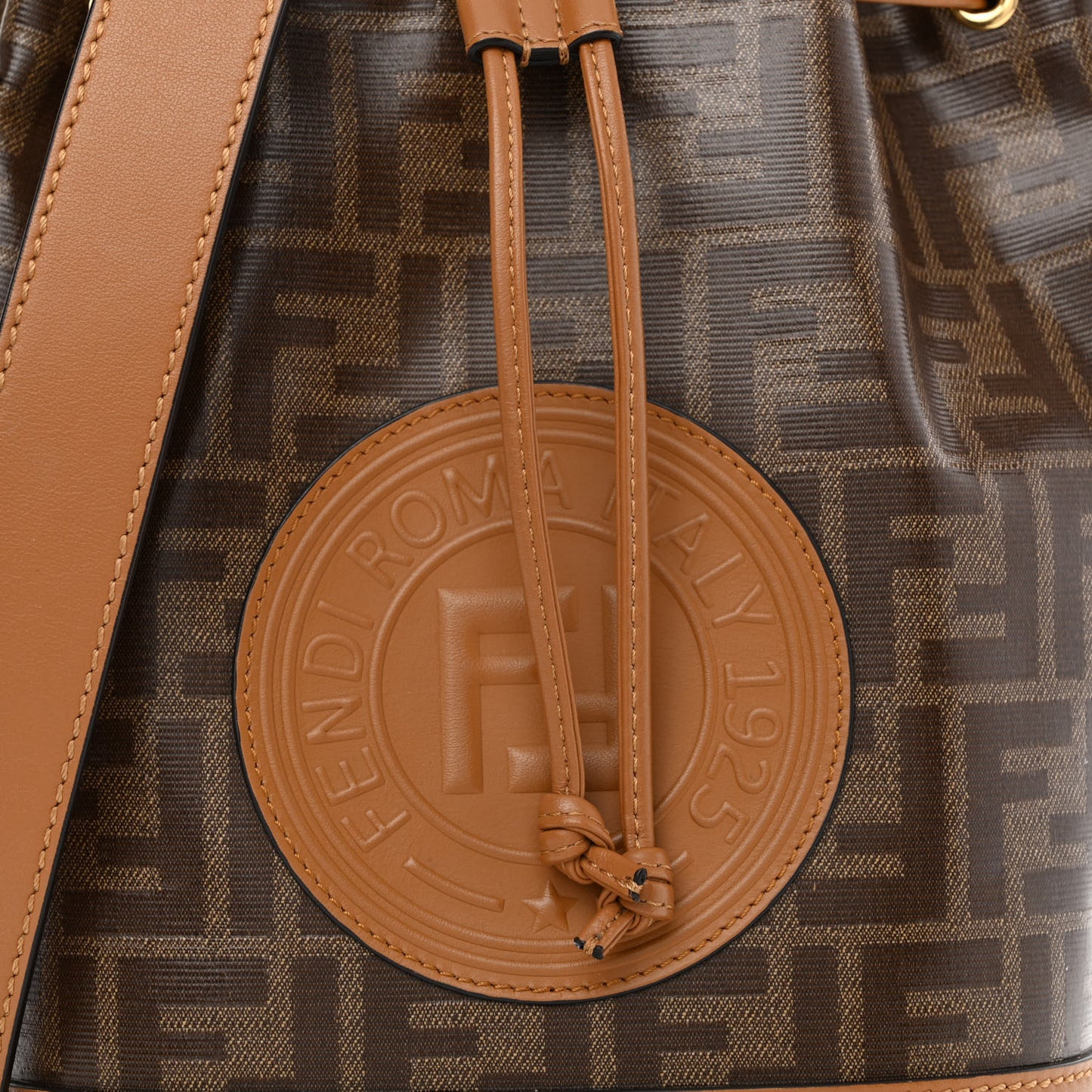 Glazed Fabric Vitello Grace F is Fendi FF 1974 Stamp Patch Grande Mon Tresor Bucket Bag Mogano Panna Nocciola