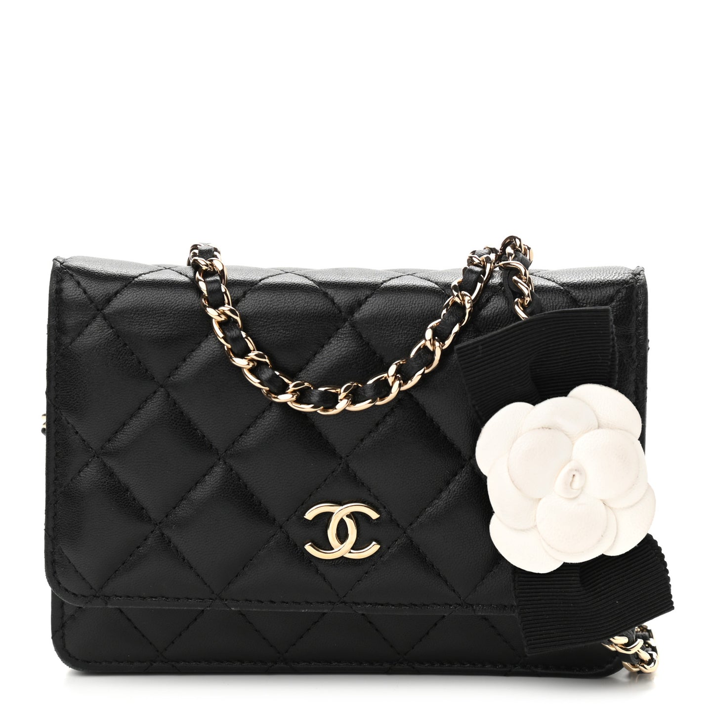 Lambskin Quilted Mini Camellia Bow Wallet On Chain WOC Black