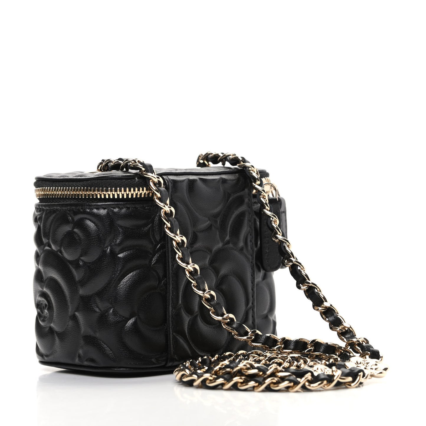 Lambskin Camellia Embossed Mini Vanity Case With Chain Black
