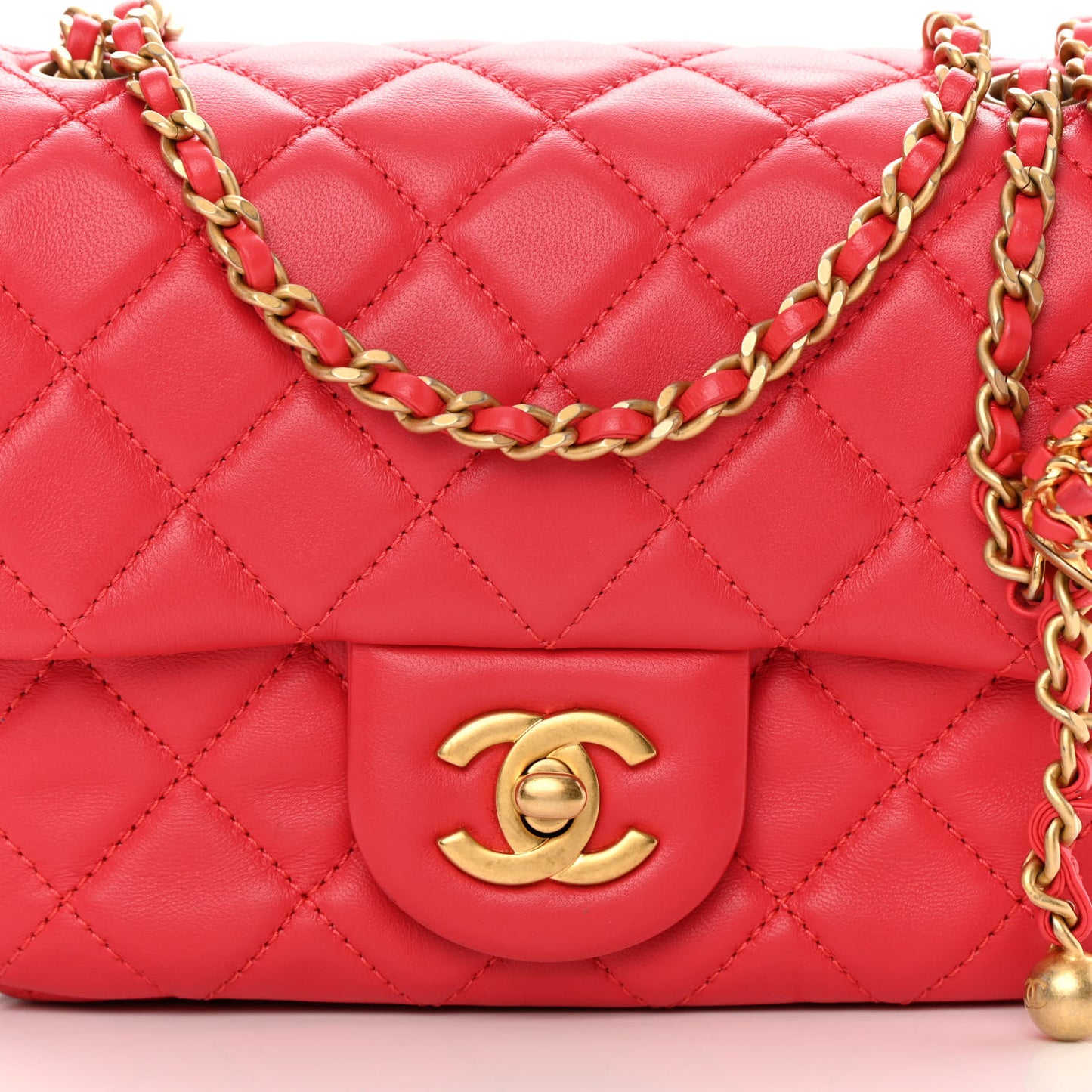 Lambskin Quilted Mini Pearl Crush Flap Red