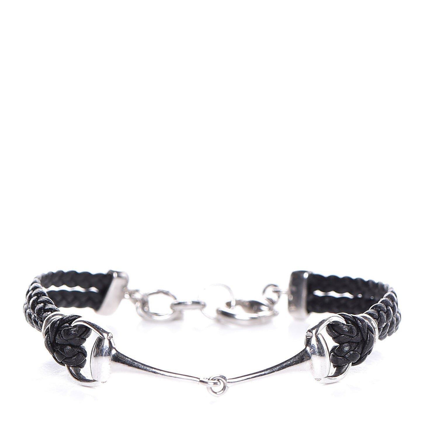 Sterling Silver Leather Horsebit Bracelet Black