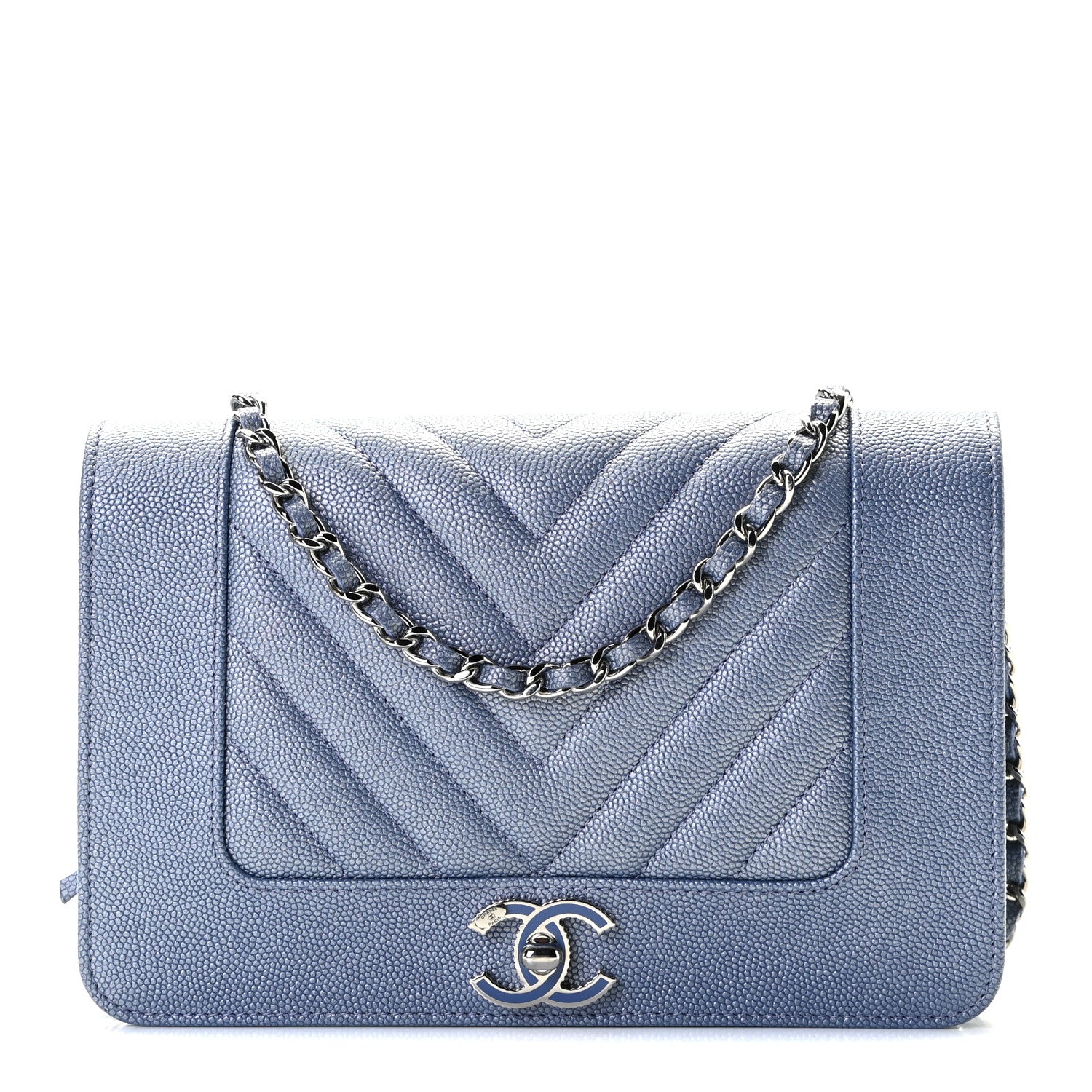 Chanel Metallic Caviar Chevron Quilted Vintage Mademoiselle Wallet On Chain WOC Blue 1 of 6