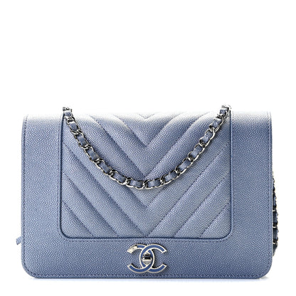 Chanel Metallic Caviar Chevron Quilted Vintage Mademoiselle Wallet On Chain WOC Blue 1 of 6