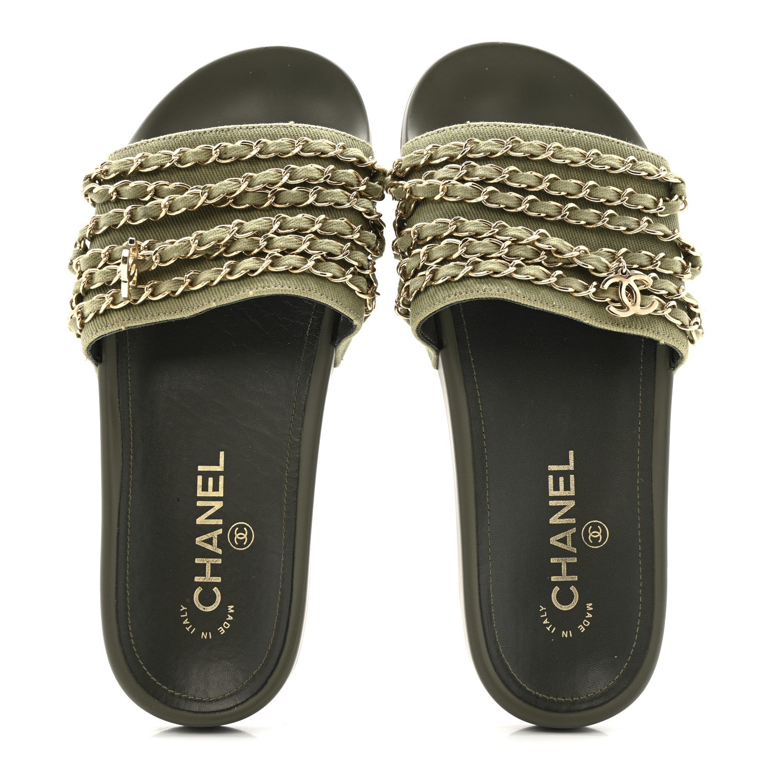 Chanel Canvas Chain Flat Sandals 37 Khaki 2 of 13