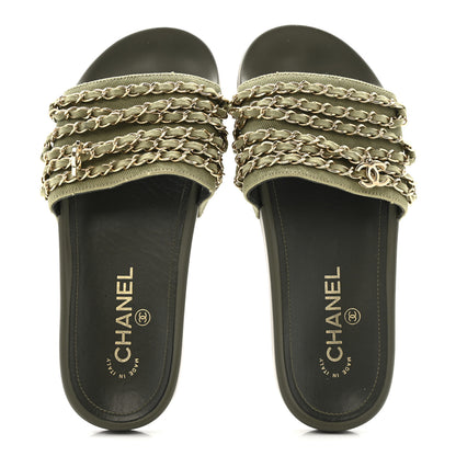 Chanel Canvas Chain Flat Sandals 37 Khaki 2 of 13
