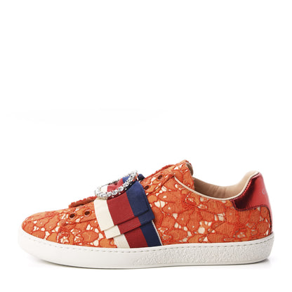 Gucci Lace Crystal Sylvie Web Flower Leaf Womens Ace Sneakers 35.5 Hot Orange Tan Beige 1 of 11