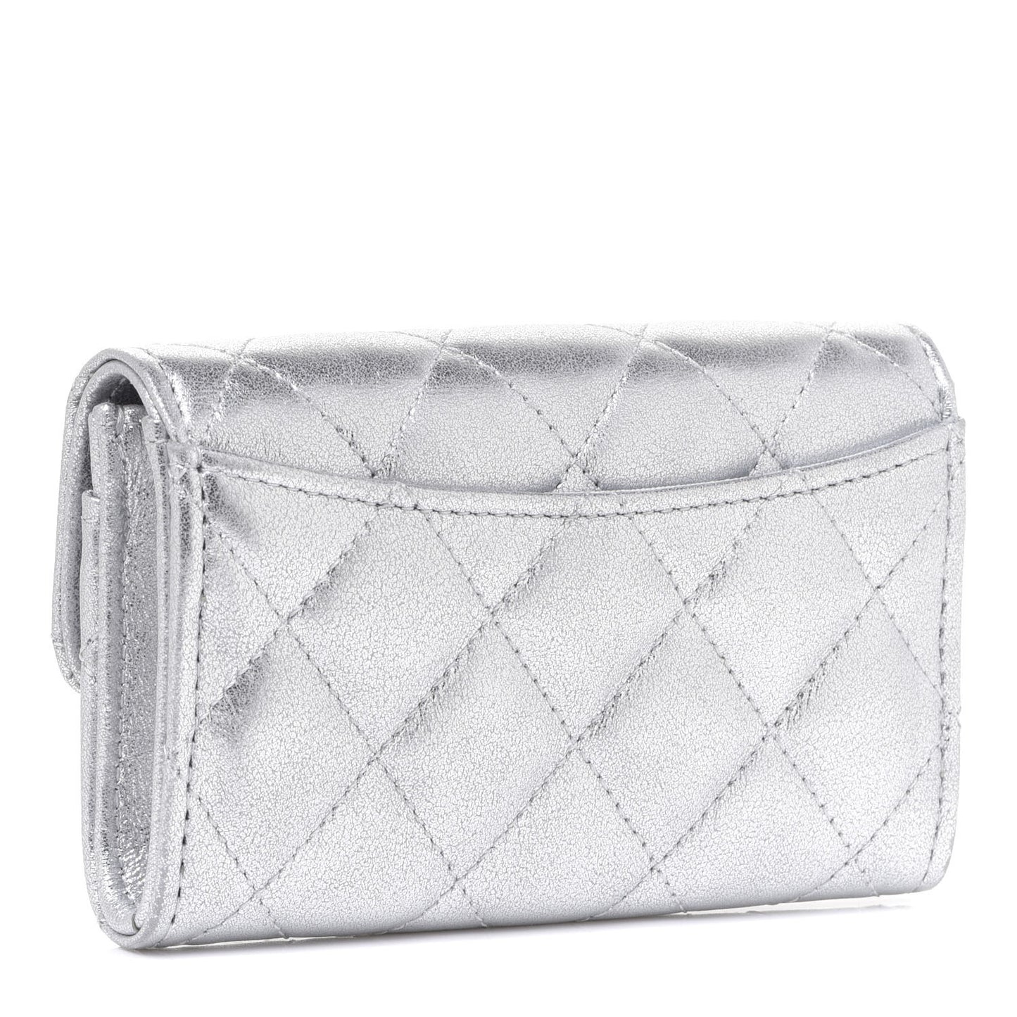 Metallic Lambskin Quilted Flap Card Holder Wallet Silver