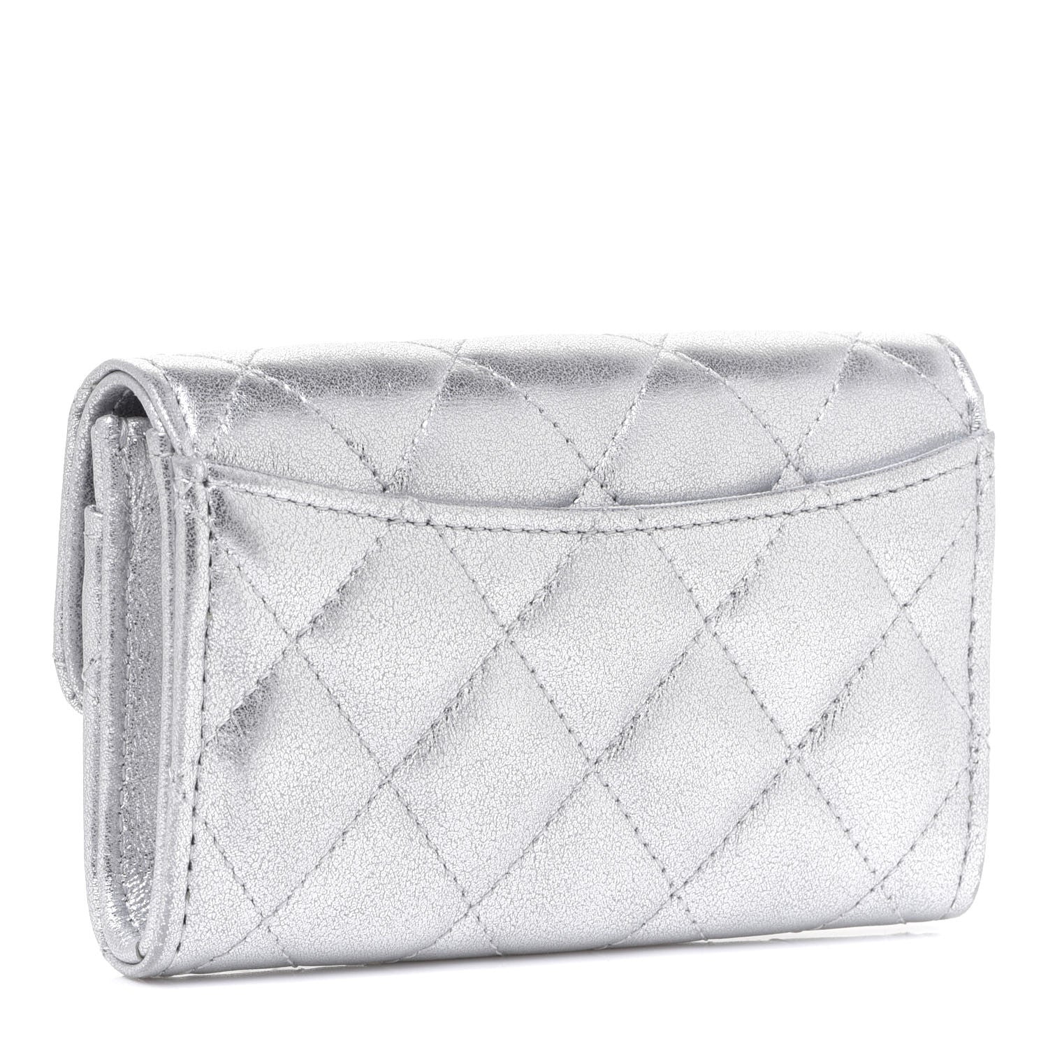 Chanel Metallic Lambskin Quilted Flap Card Holder Wallet Silver 3 of 9