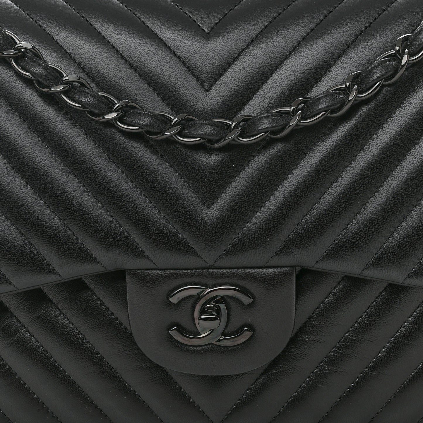 Lambskin Chevron Quilted Jumbo Double Flap So Black