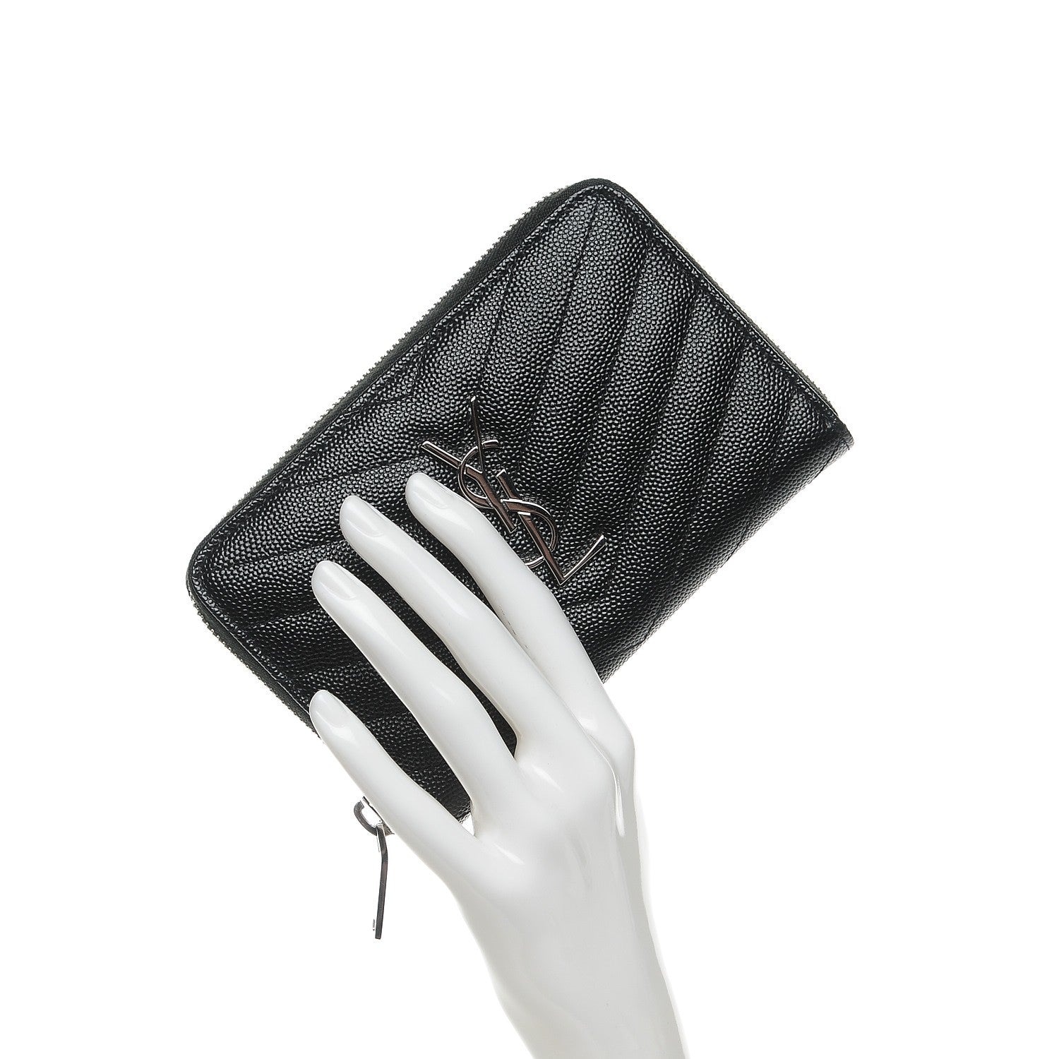 Saint Laurent Grain De Poudre Matelasse Chevron Monogram Zip Around Wallet Black 2 of 7