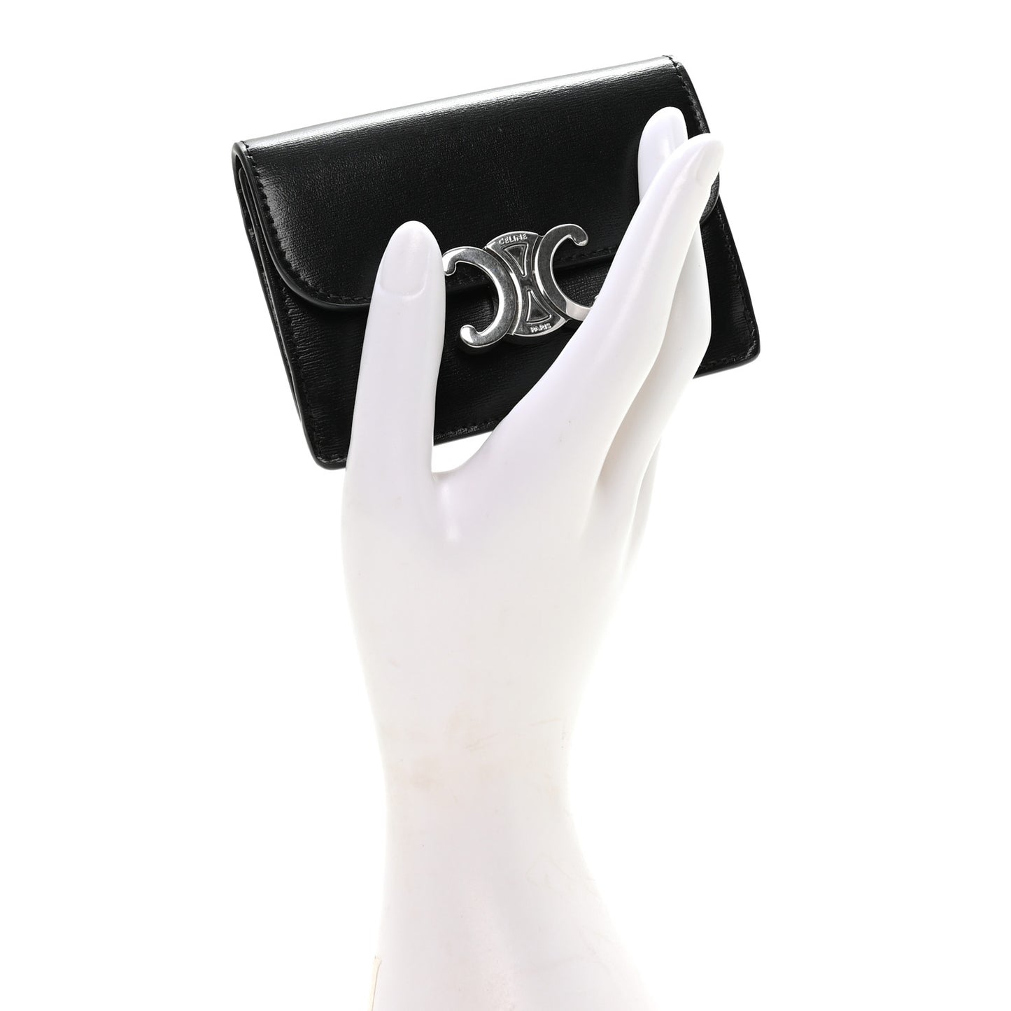 Shiny Calfskin Triomphe Flap Card Holder Black