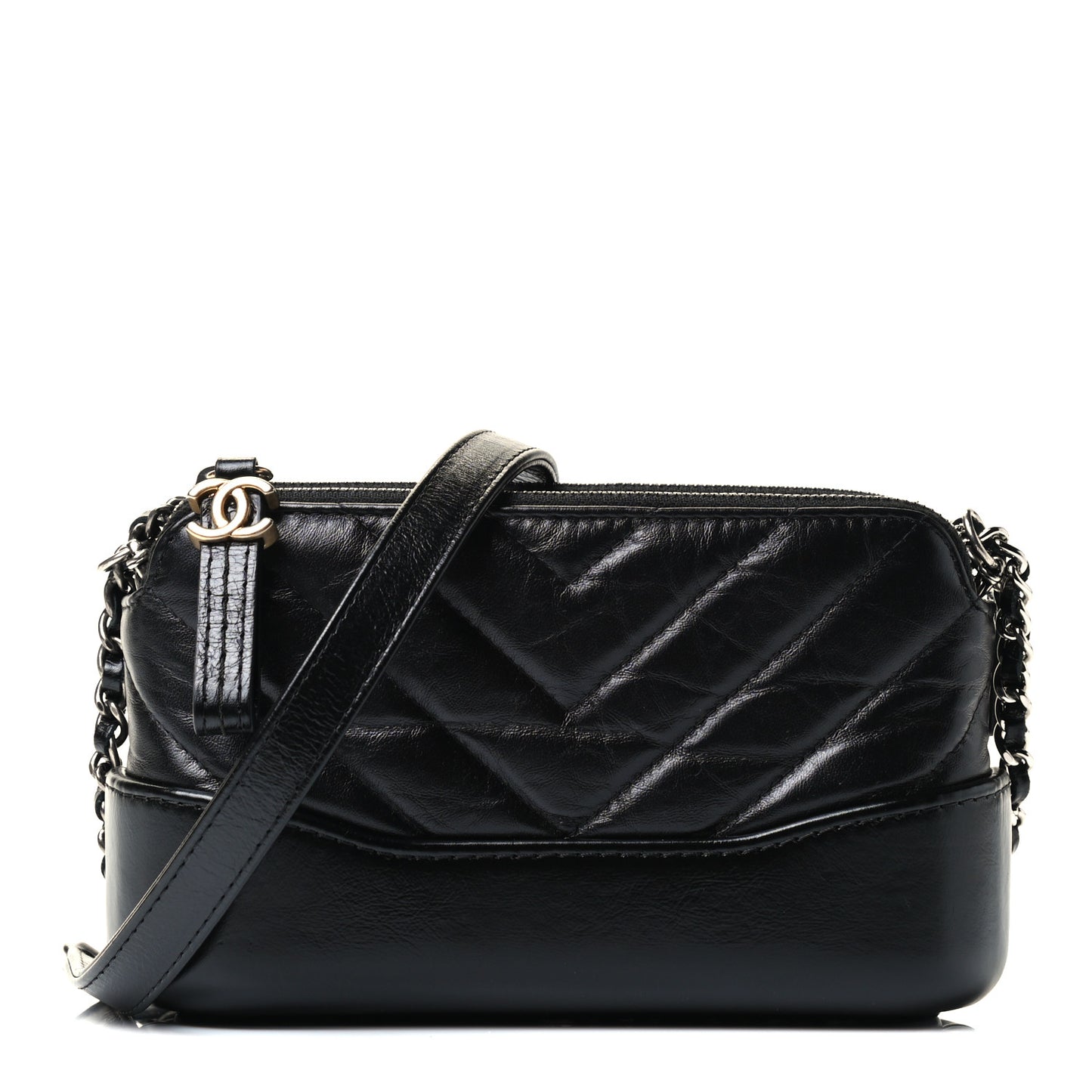Aged Calfskin Chevron Quilted Small Gabrielle Clutch With Chain Black