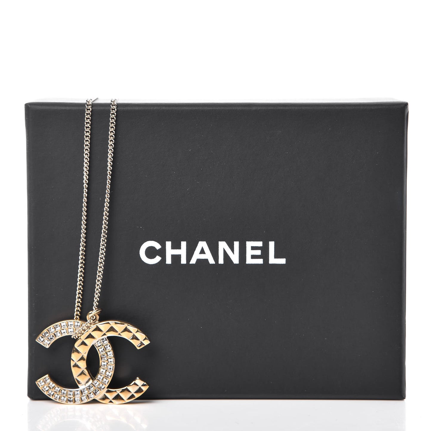 Baguette Crystal Quilted CC Pendant Necklace Gold