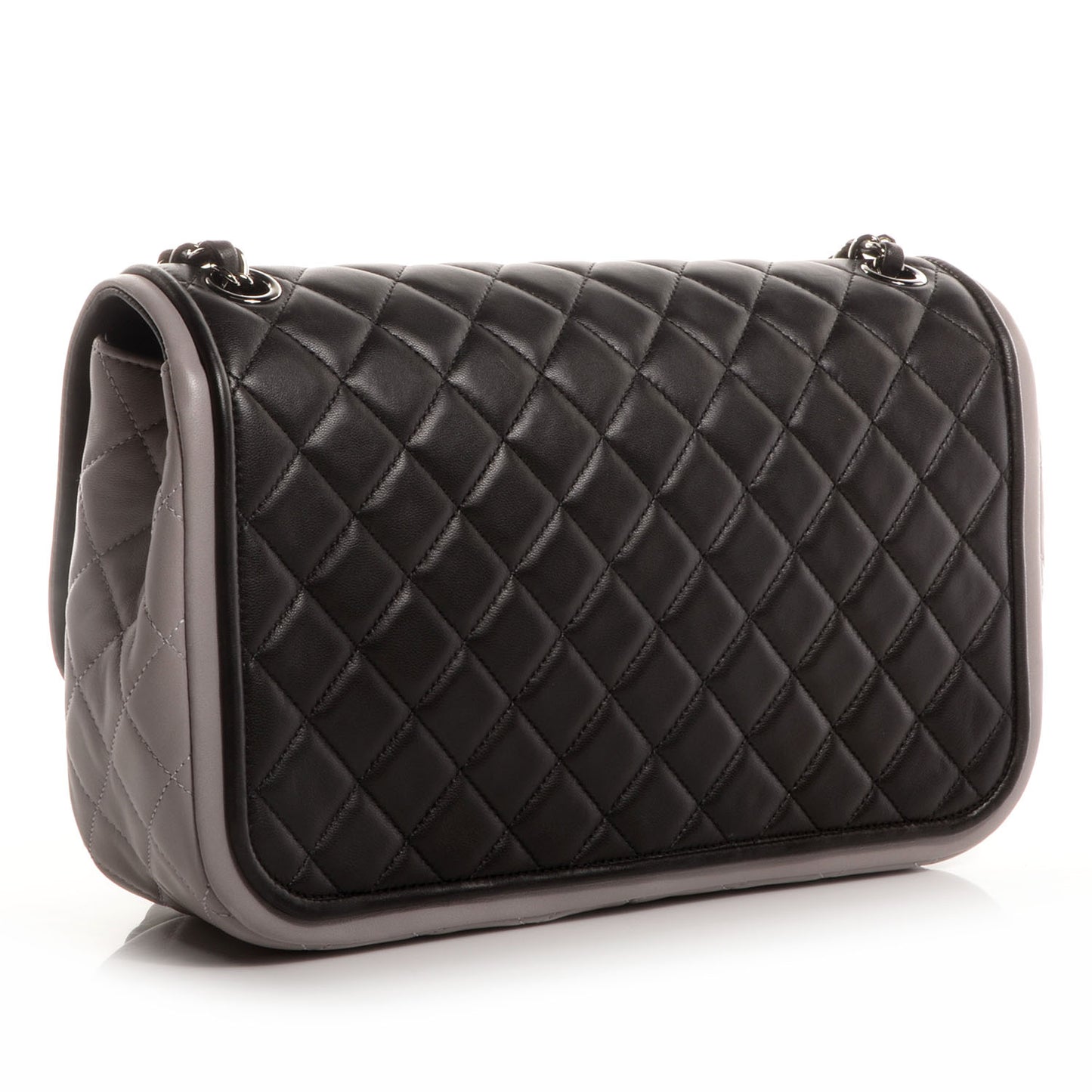 Lambskin Quilted Jumbo Classic Twist Flap Bag Black Grey