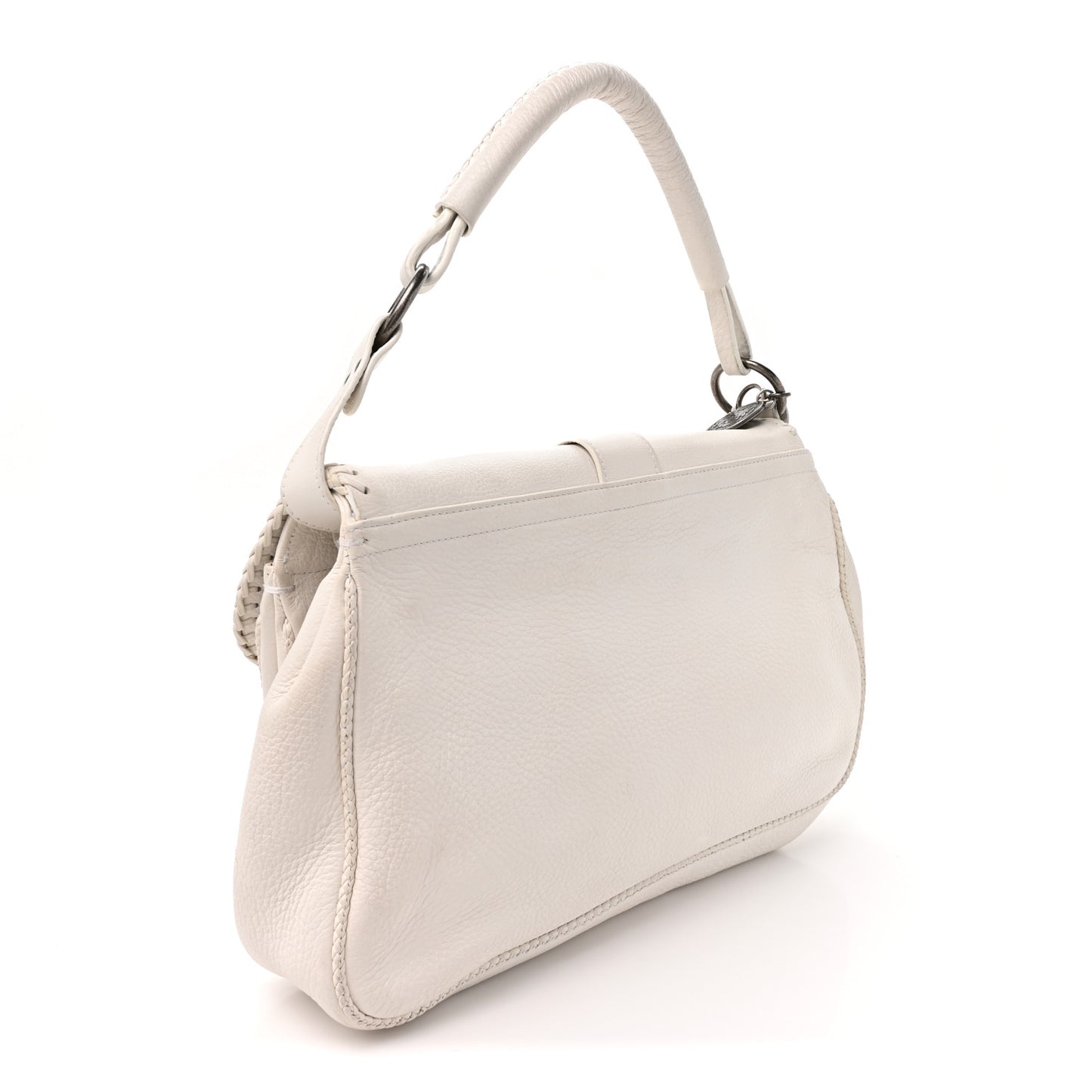 Pebbled Calfskin Braided Gaucho Double Saddle Flap Bag White