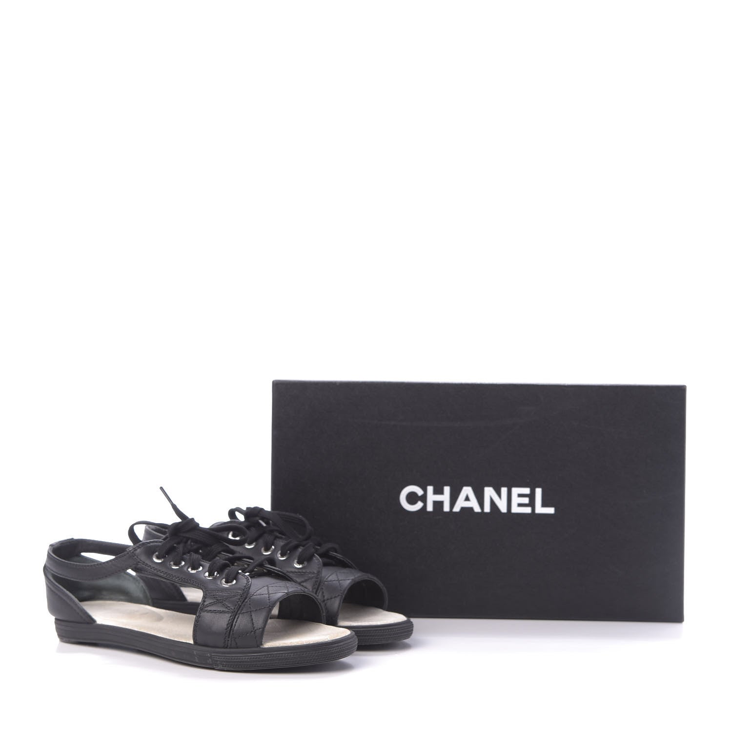 Chanel Lambskin Quilted Peep Toe Lace Up 35 Black White 12 of 12