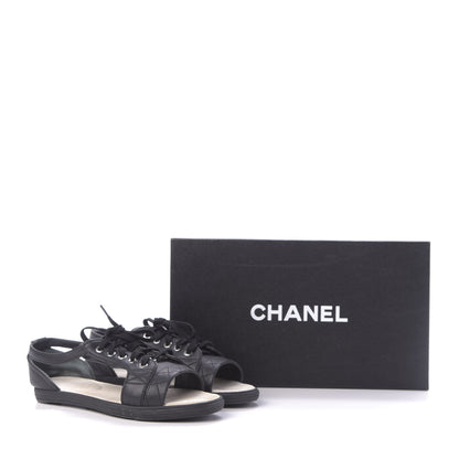 Chanel Lambskin Quilted Peep Toe Lace Up 35 Black White 12 of 12