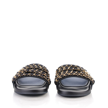 Chanel Lambskin Canvas Chain Flat Sandals 39 Marine 2 of 8