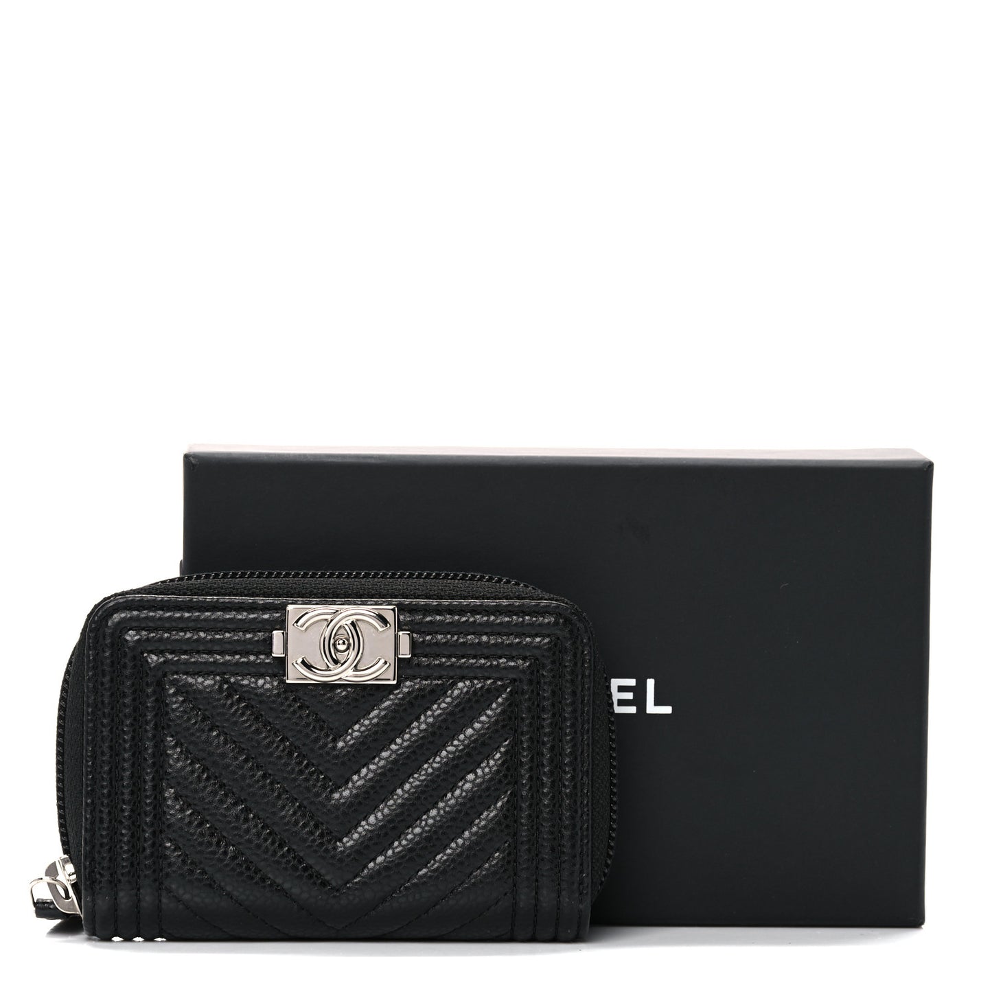 Caviar Chevron Quilted Boy Zip Around Coin Purse Wallet Black