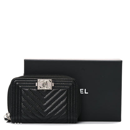 Chanel Caviar Chevron Quilted Boy Zip Around Coin Purse Wallet Black 10 of 10