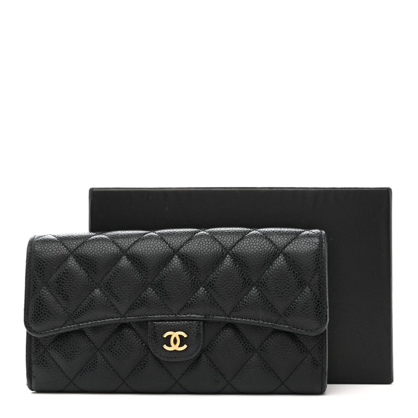 Caviar Quilted Large Gusset Flap Wallet Black