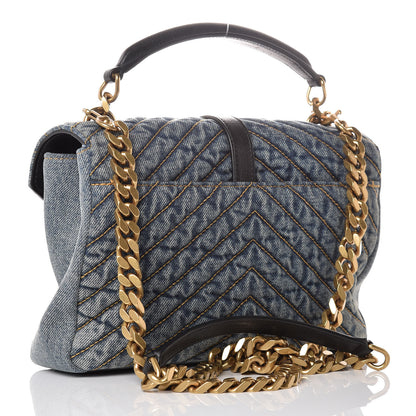 Saint Laurent Denim Matelasse Chevron Summer Embroidered Monogram Medium College Bag Blue 3 of 12