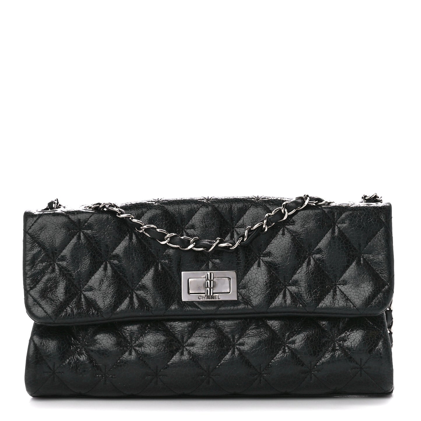 Glazed Crackled Calfskin Mademoiselle Flap Black