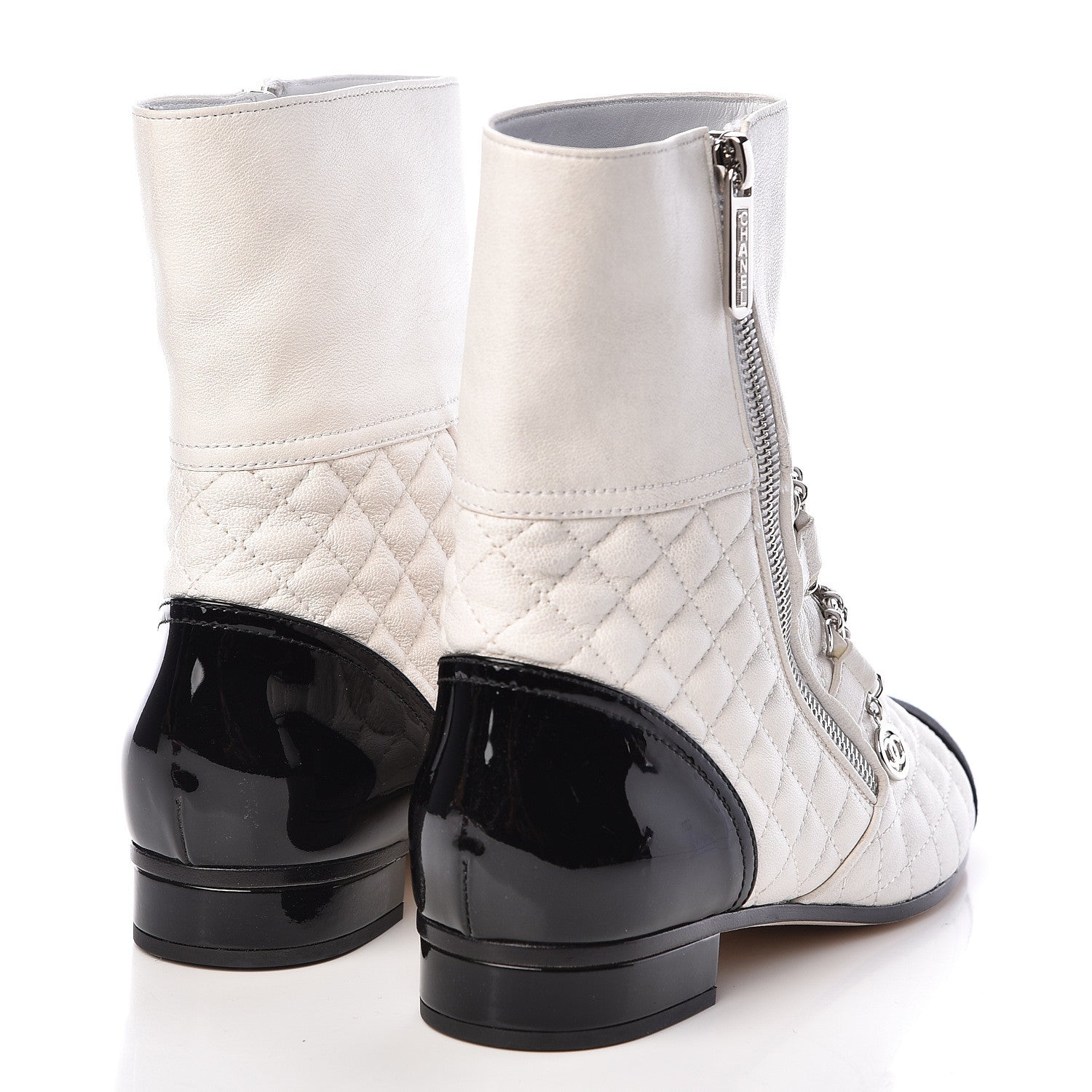 Chanel Lambskin Grosgrain Quilted Cap Toe Chain Boots 37.5 White Black 4 of 11