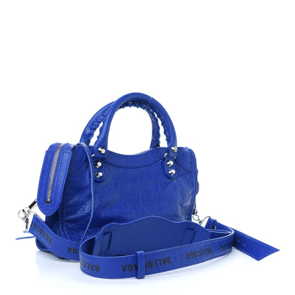 Balenciaga Agneau Classic Silver Hardware Mini City Logo Strap Bleu Electric Black 3 of 9