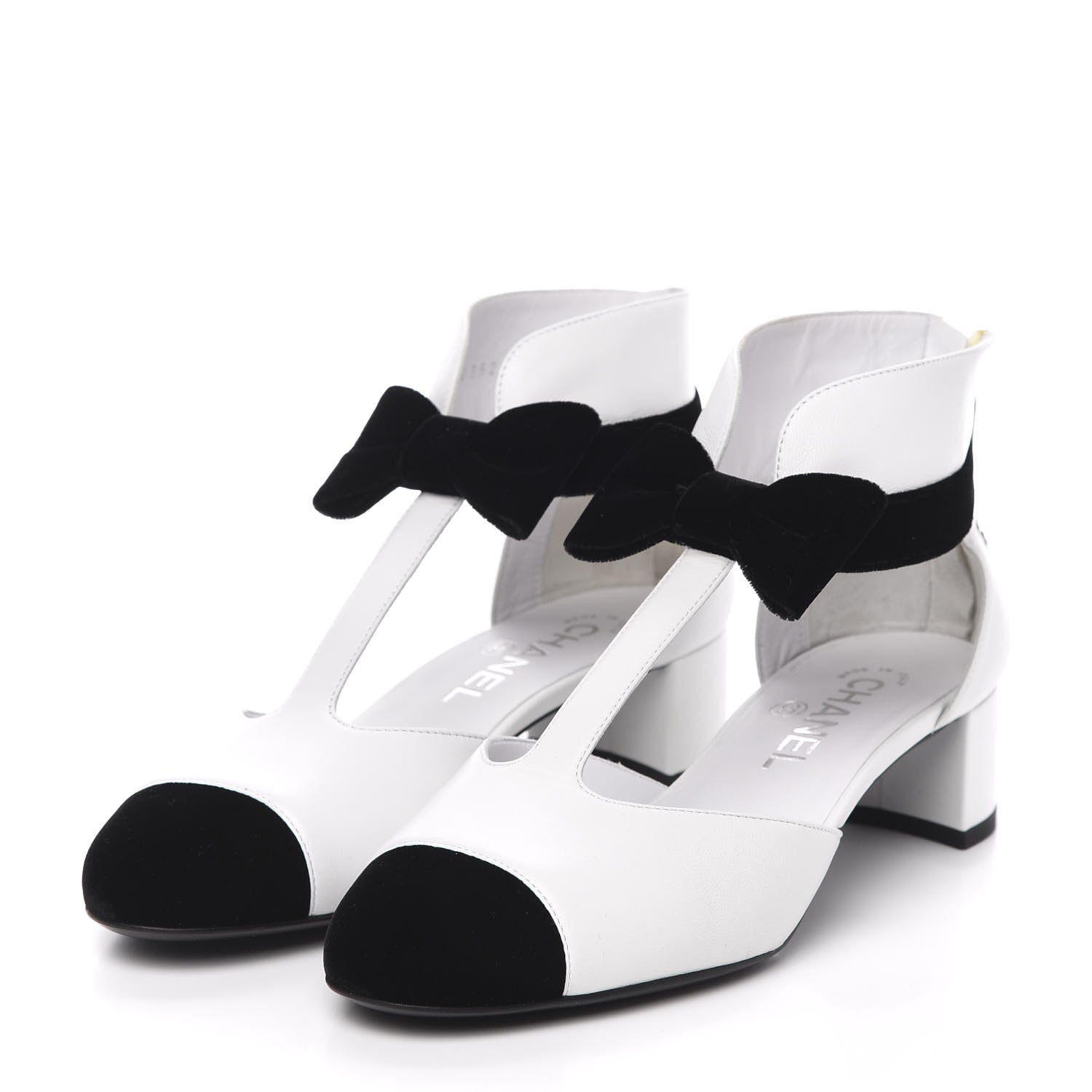 Chanel Goatskin Velvet Cap Toe CC Bow Cut Out Ankle Boots 37.5 White Black 3 of 9