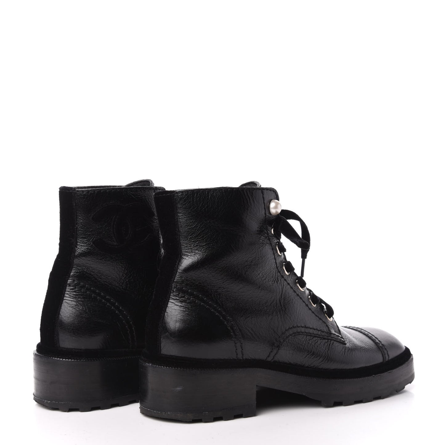 Calfskin Velvet Pearl Combat Short Boots 37 Black