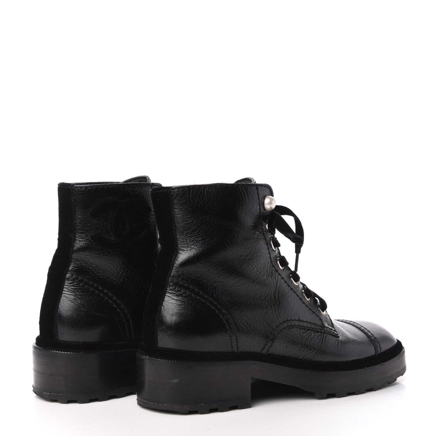Chanel Calfskin Velvet Pearl Combat Short Boots 37 Black 4 of 7