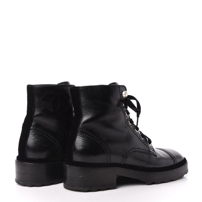 Chanel Calfskin Velvet Pearl Combat Short Boots 37 Black 4 of 7