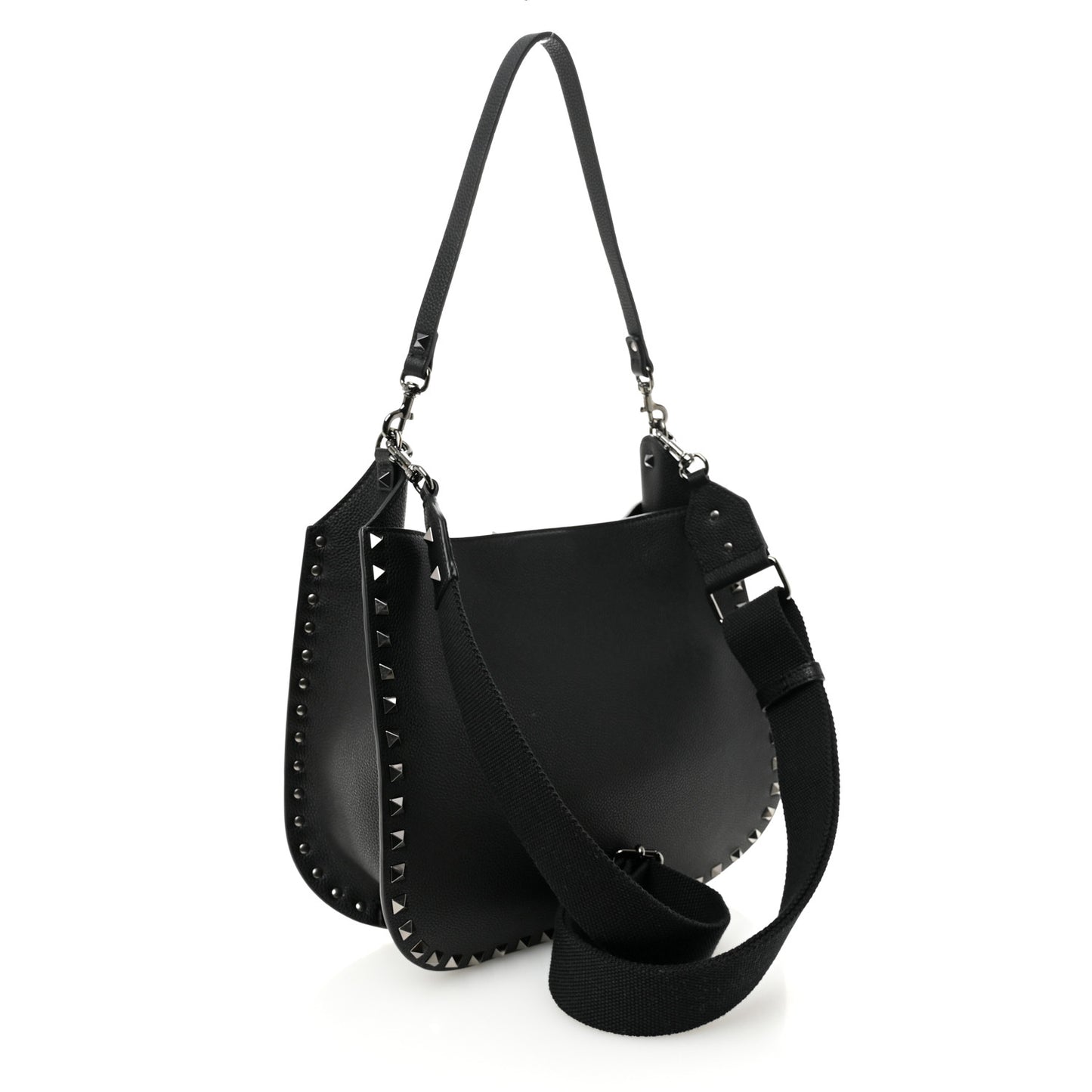 Grained Calfskin Rockstud Hobo Shoulder Bag Black