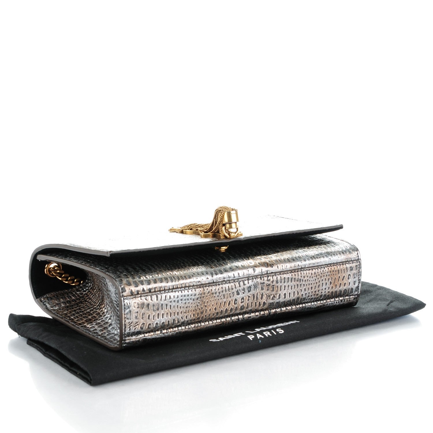 Saint Laurent Metallic Lizard Embossed Medium Classic Monogram Tassel Satchel Silver 3 of 6