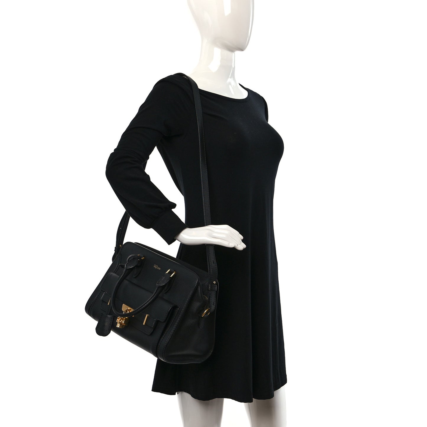 Pebbled Calfskin Padlock Pocket Tote Black